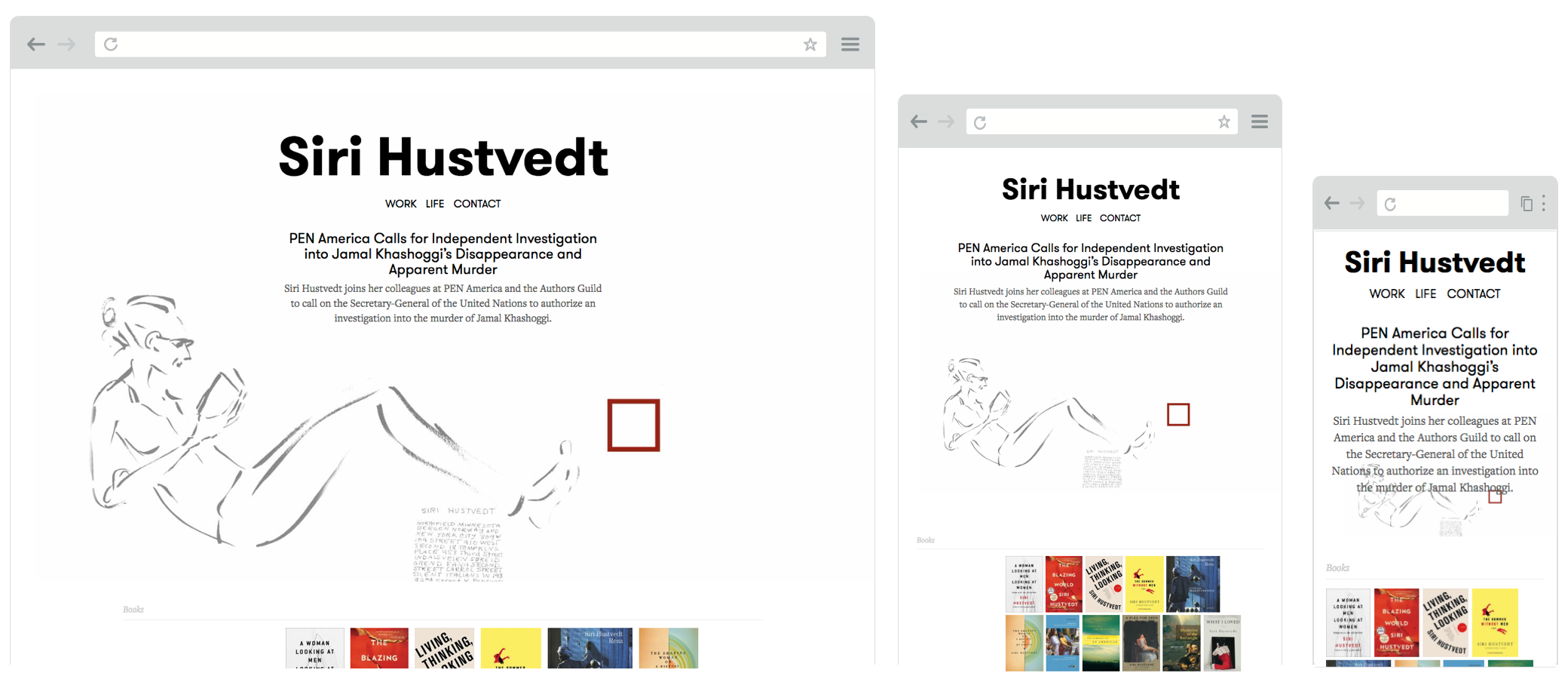 Screenshot of sirihustvedt.net website on desktop, tablet and mobile screens