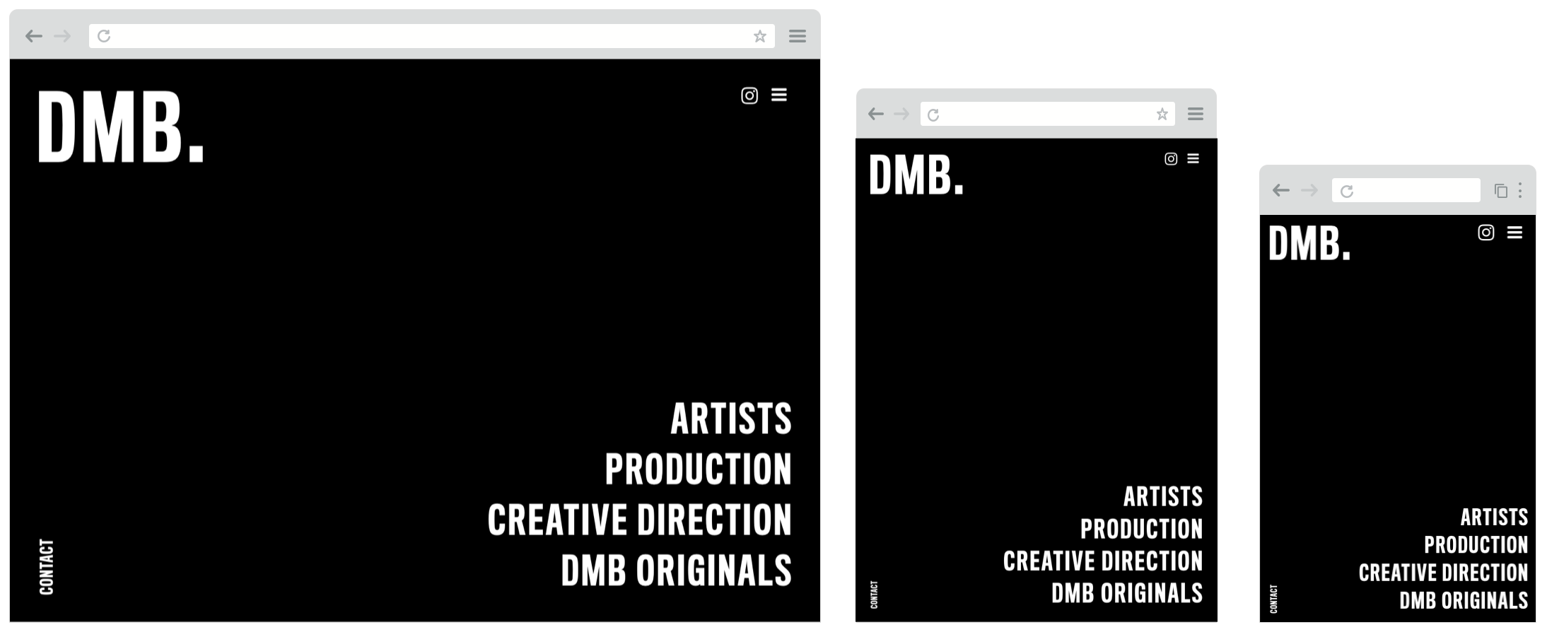 Screenshot of dmbrepresents.com website on desktop, tablet and mobile screens